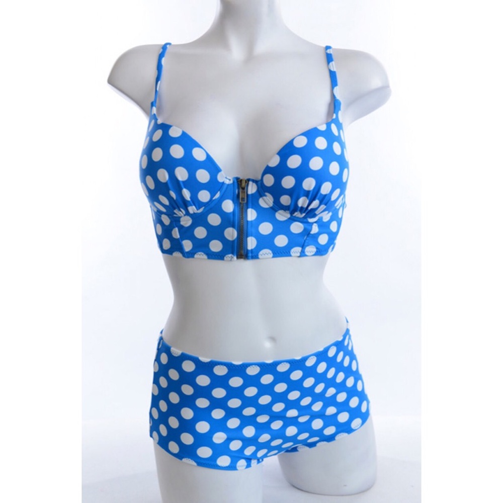 Blue polka dot retro bikini high waist